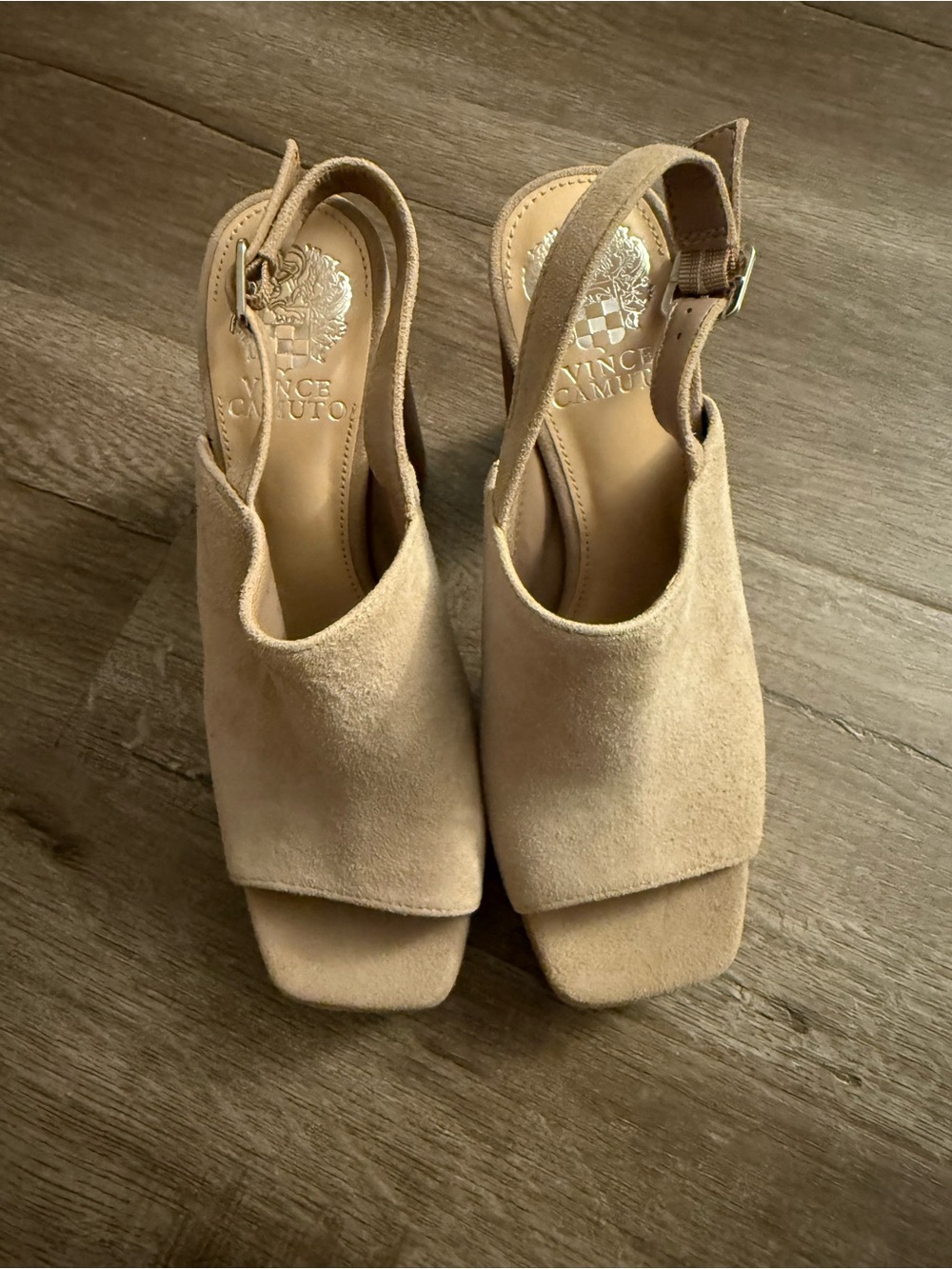 Vince Camuto Beige Suede Open-Toe Slingback Heels